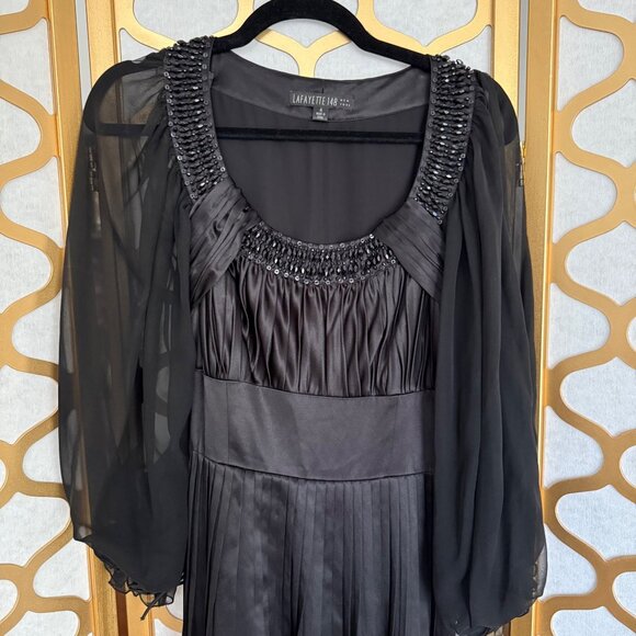 Lafayette 148 Size 4 Black Silk Sheer Sleeves Beaded Pleated Evening Gown - Picture 9 of 16